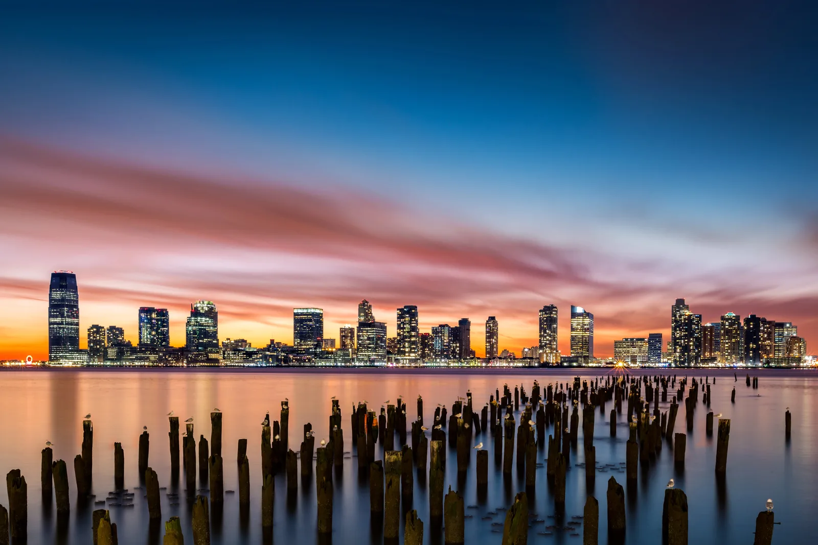 City skyline at sunset across a river, with old wooden pier pilings and gulls in the foreground