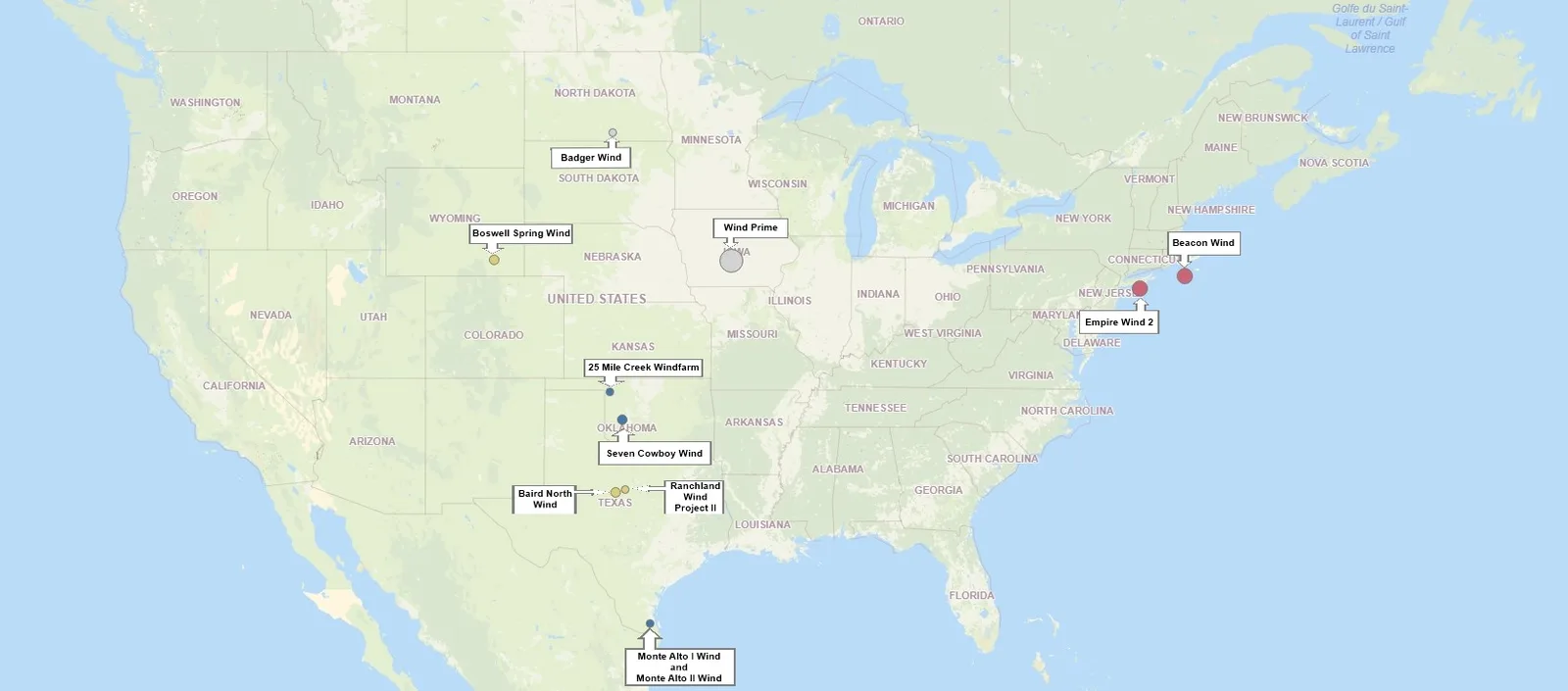 Map of the United States with labelled wind project sites in the Plains, Texas and offshore of the Northeast