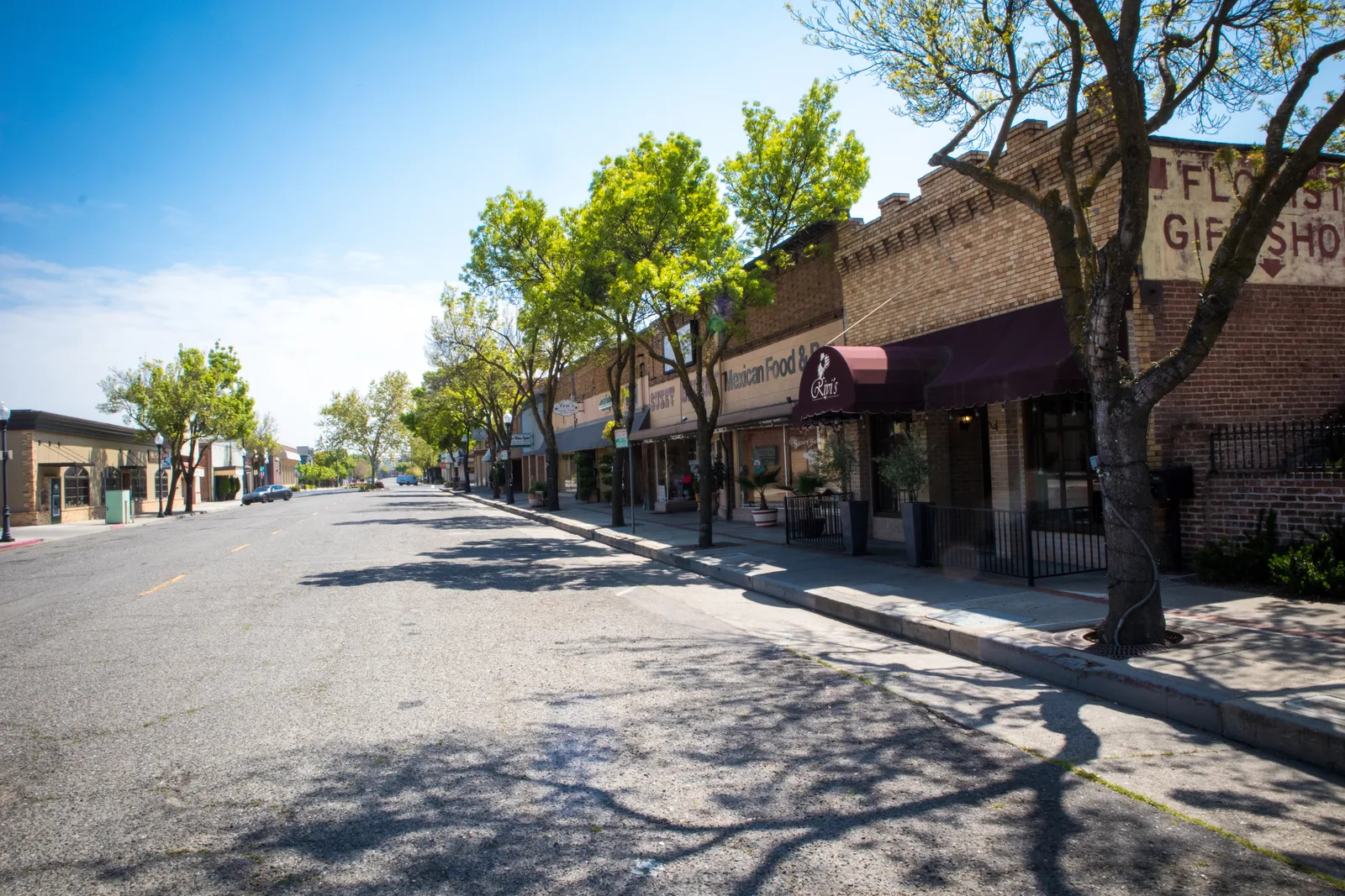 Quiet small-town main street lined with trees and brick storefronts with awnings on a sunny day