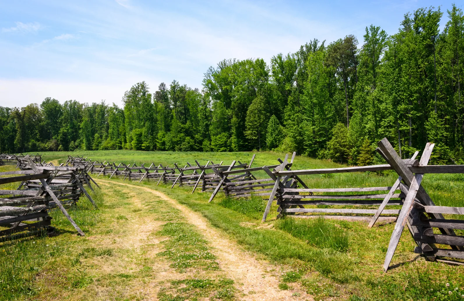 A scenic dirt path bordered by a rustic wooden split-rail fence winds through a bright grassy field toward a lush green forest under a partly cloudy sky.
