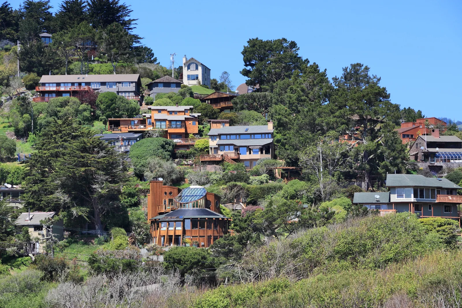 Wooden and shingled houses built into a steep, wooded hillside with cypress trees under a clear sky